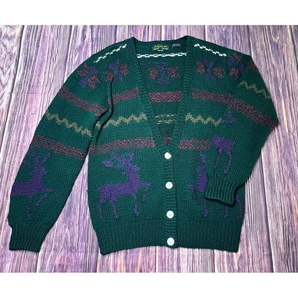 Vintage Hand Knit Moose Fair Isle Nordic Cardigan Sweater S Ugly Christmas‎